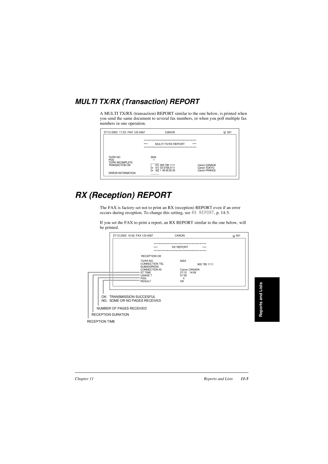 Canon L240, L290 manual MULTI TX/RX Transaction REPORT, Reports and Lists, Chapter, 11-5 