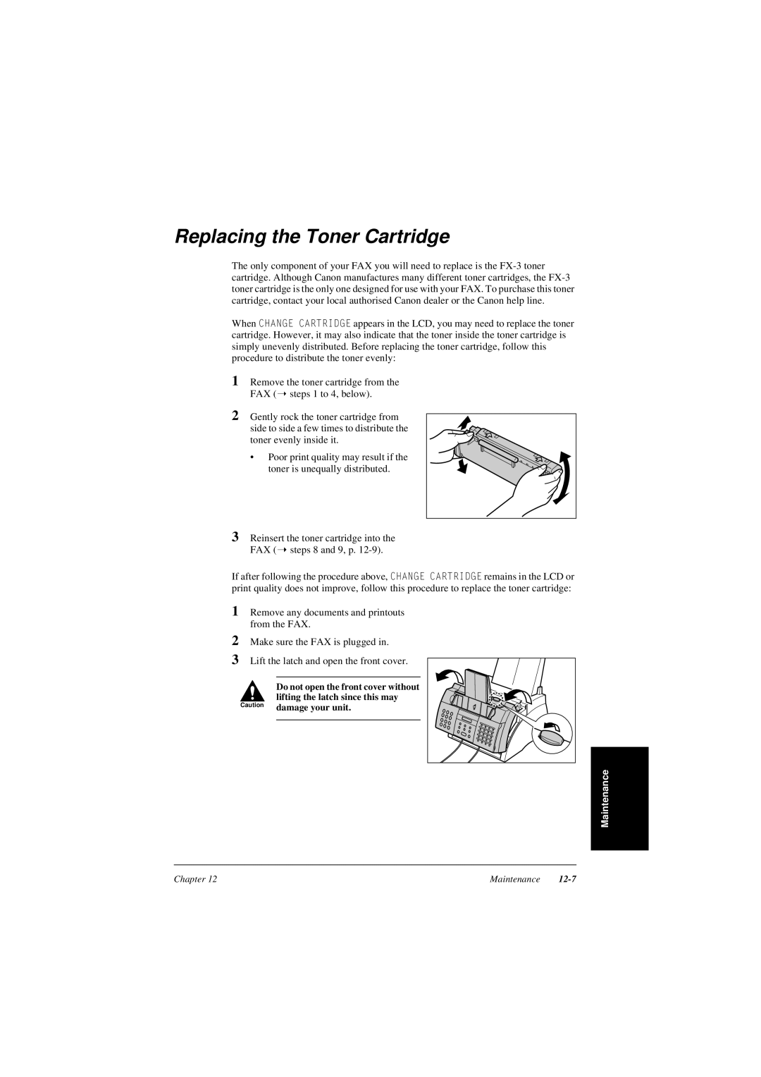 Canon L240, L290 manual Replacing the Toner Cartridge, Maintenance, Chapter, 12-7 