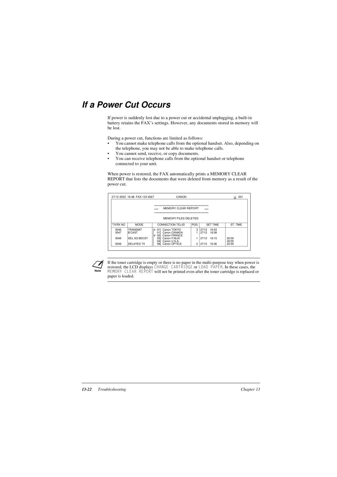 Canon L290, L240 manual If a Power Cut Occurs 