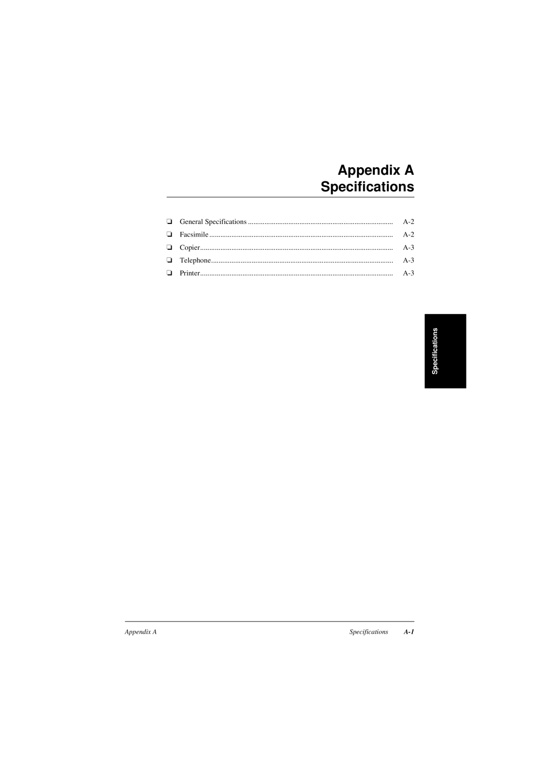 Canon L240, L290 manual Appendix A, Specifications, Facsimile, Copier, Telephone, Printer 