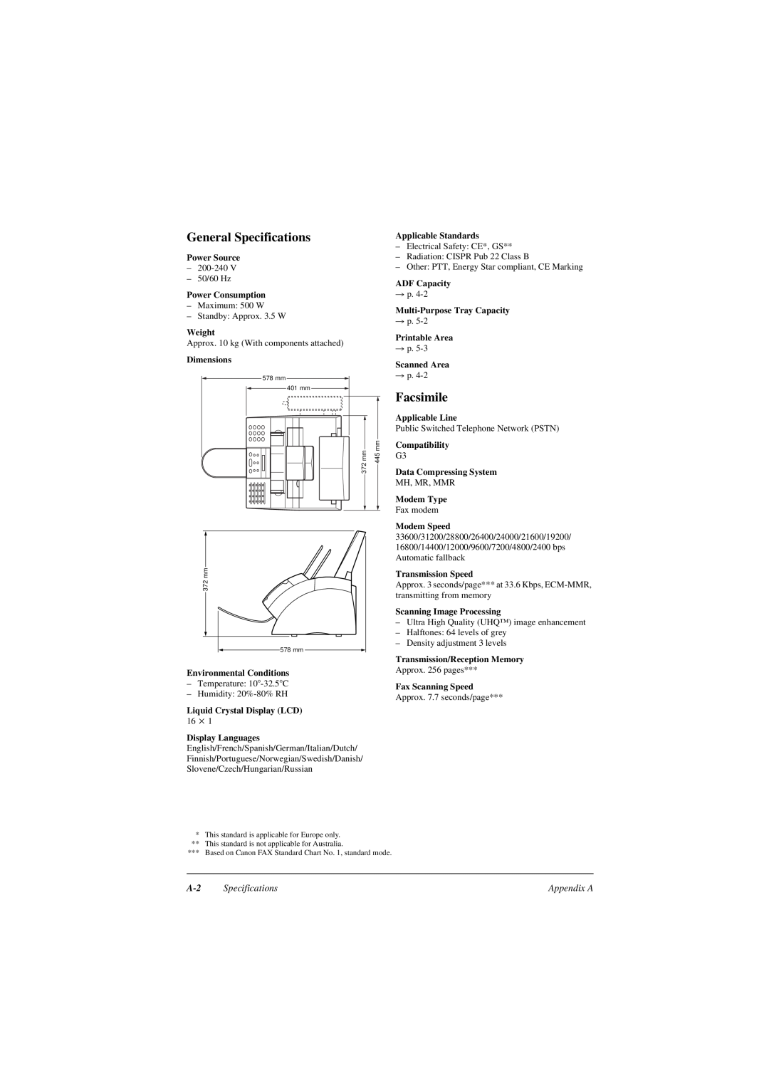 Canon L290, L240 manual General Specifications, Facsimile, Appendix A 