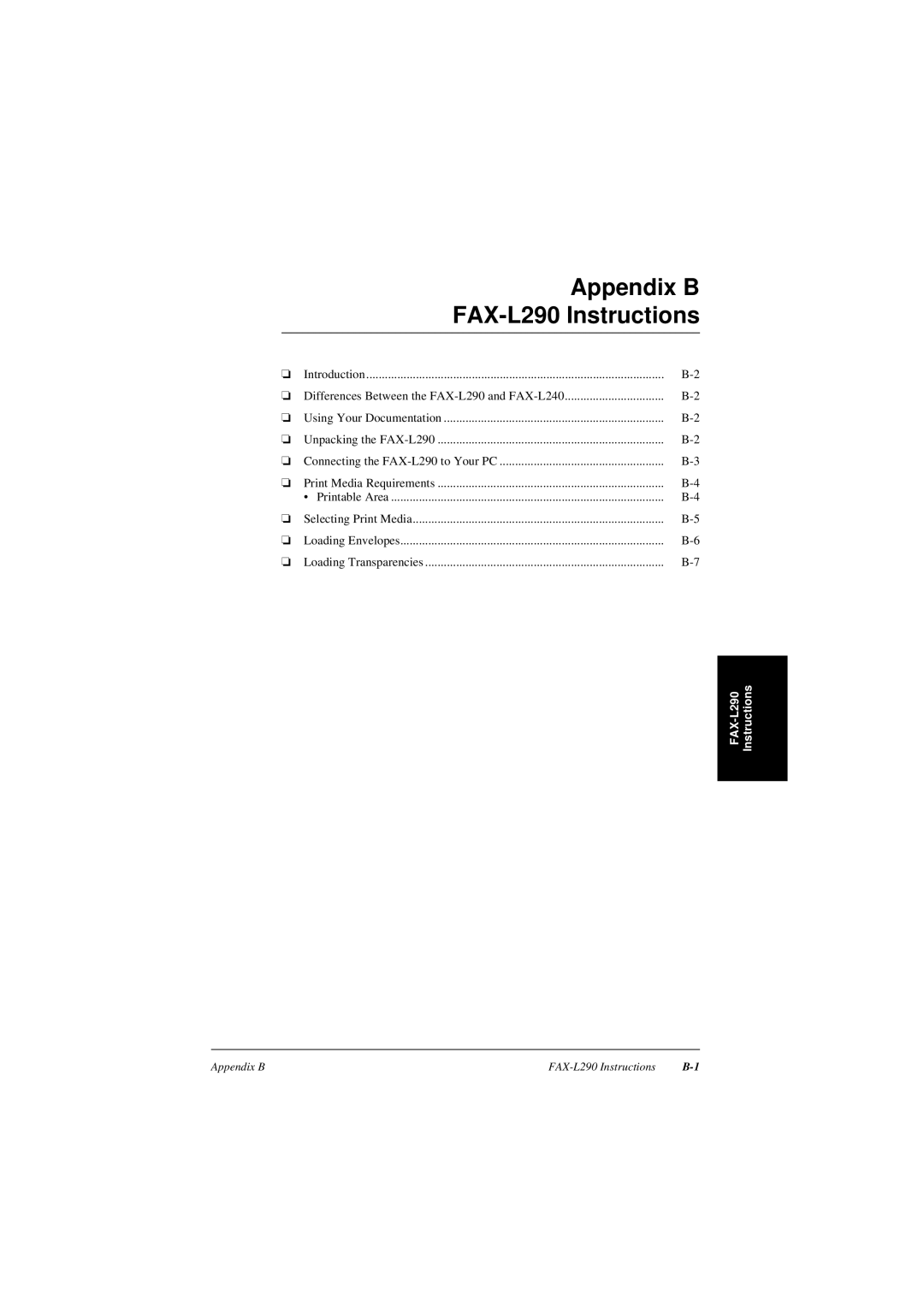 Canon L240 manual Appendix B FAX-L290 Instructions, Instructions FAX-L290 