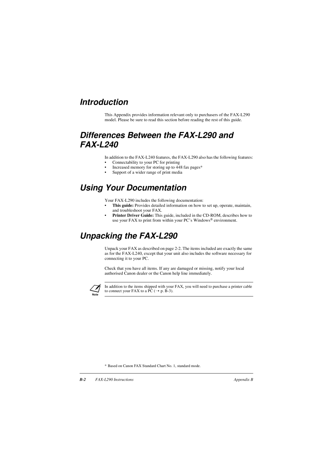 Canon Introduction, Differences Between the FAX-L290 and FAX-L240, Using Your Documentation, Unpacking the FAX-L290 