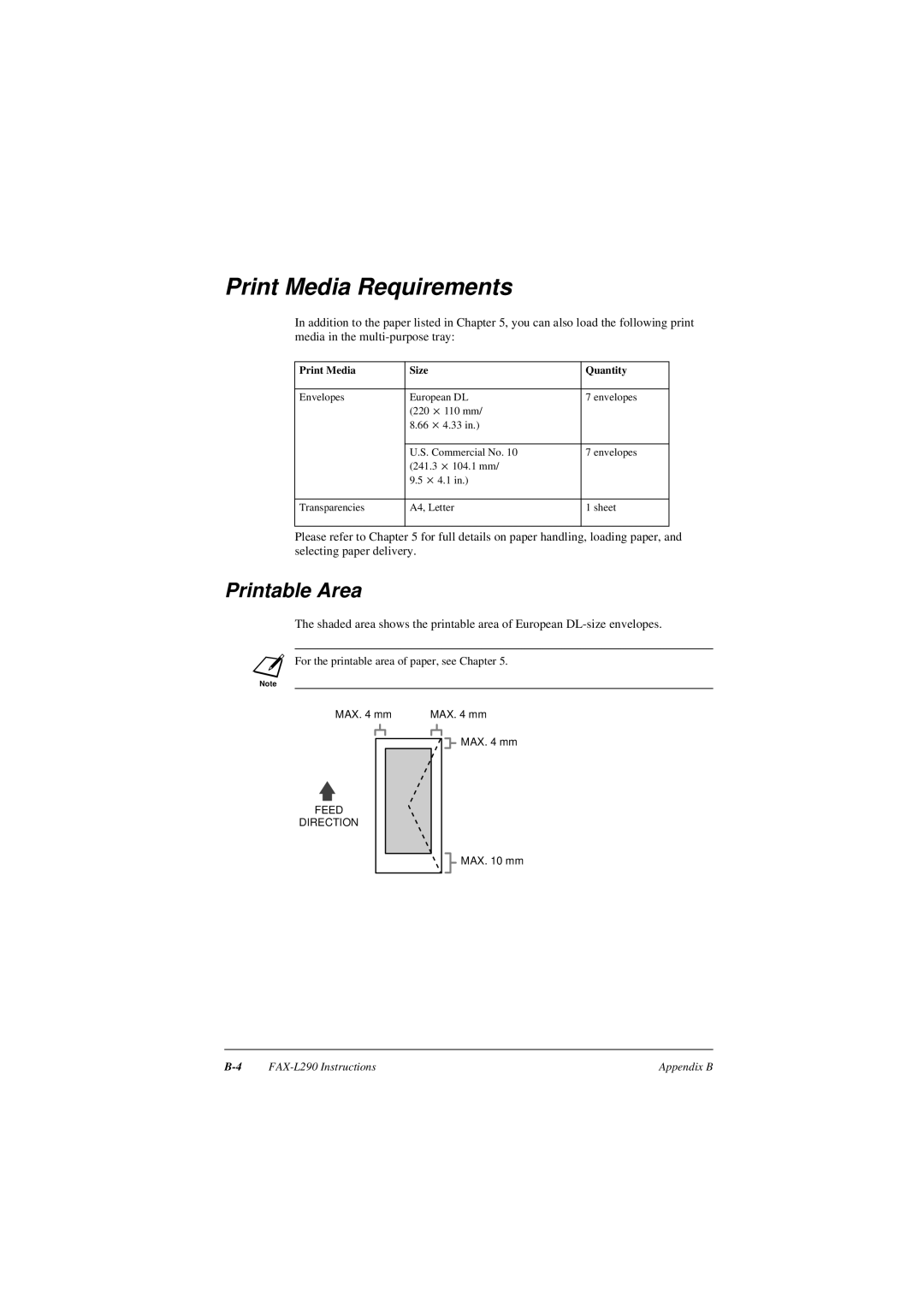 Canon L290, L240 manual Print Media Requirements, Printable Area 