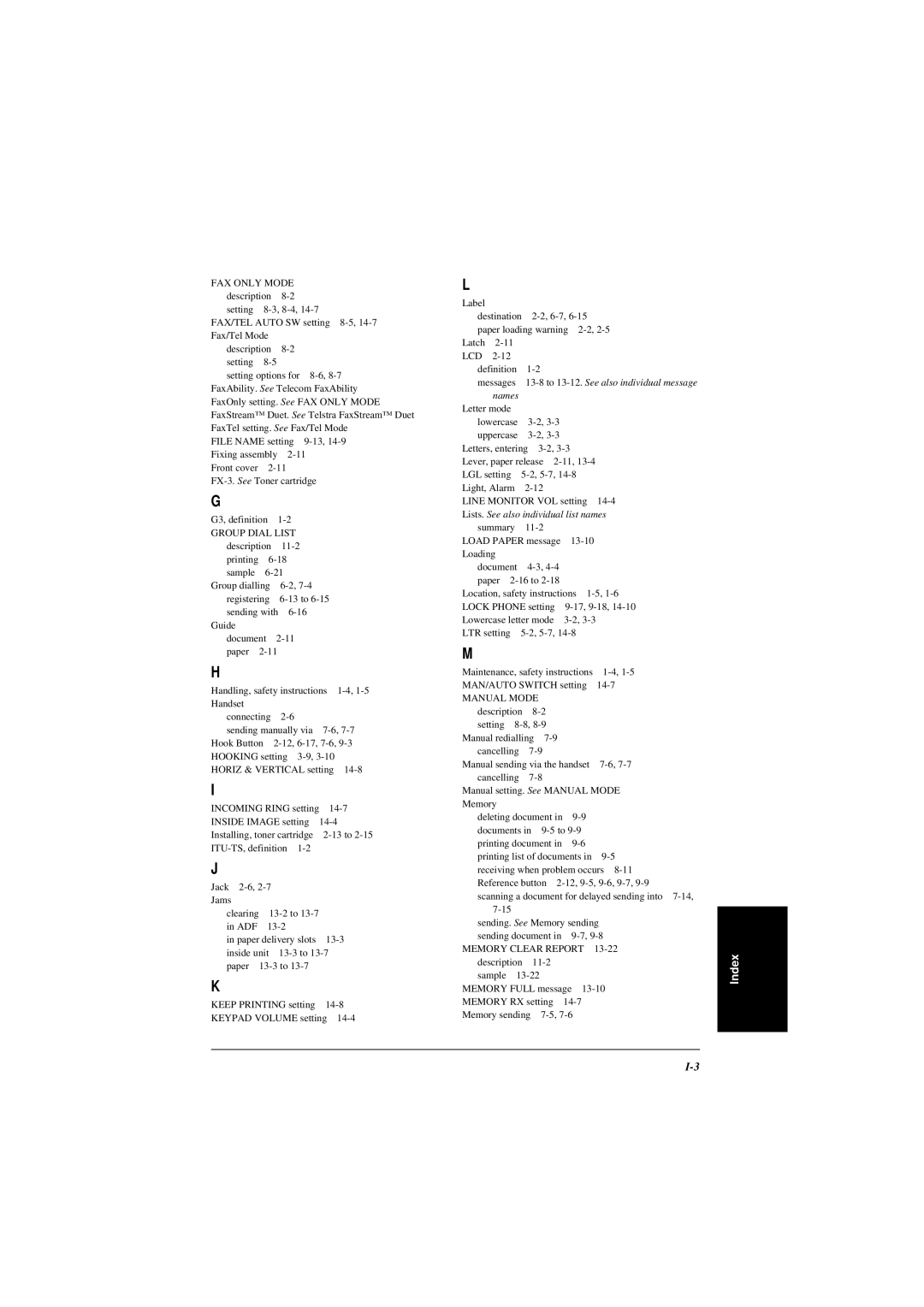 Canon L240, L290 manual Index, Lists. See also individual list names 