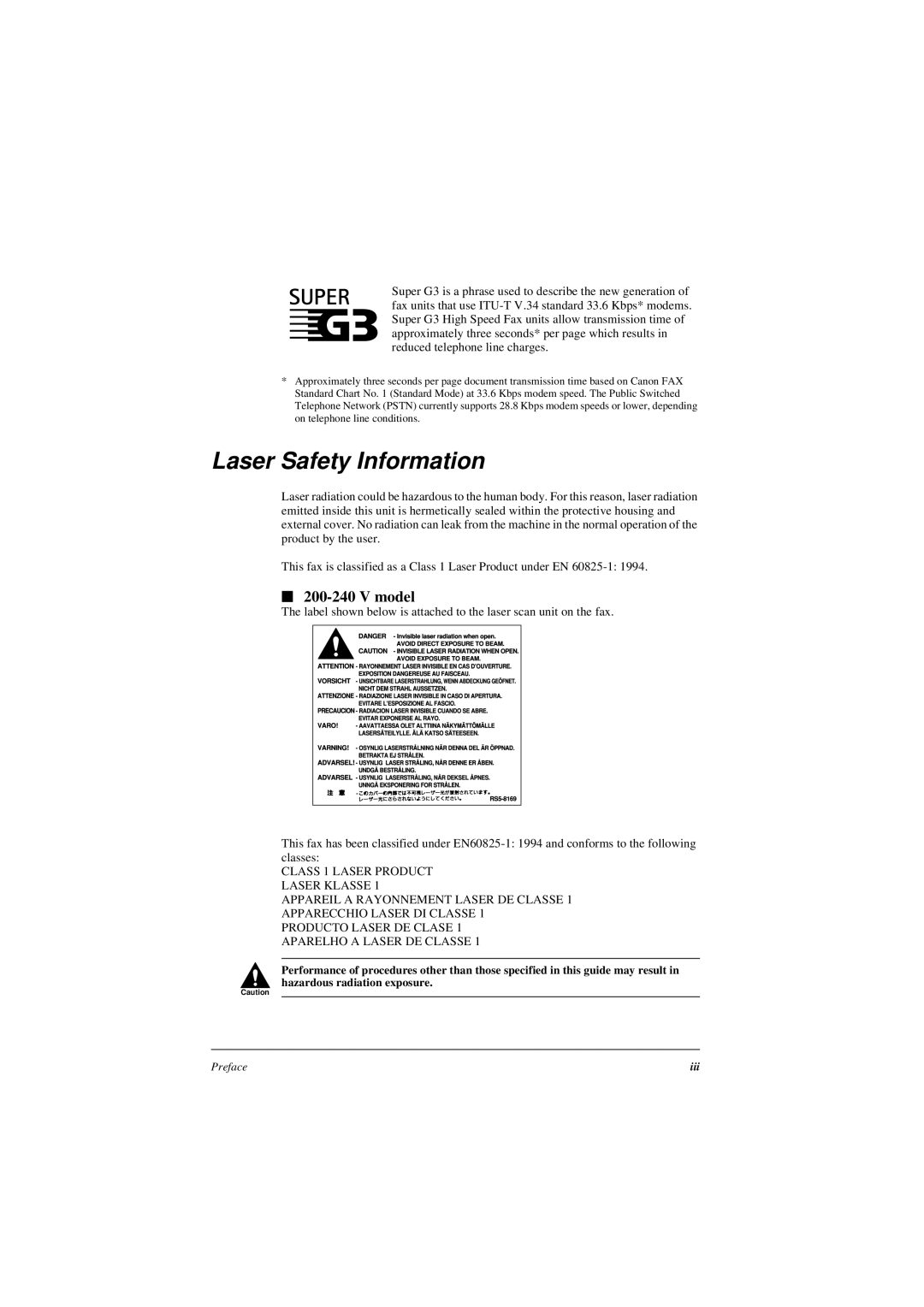 Canon L240, L290 manual Laser Safety Information, V model 