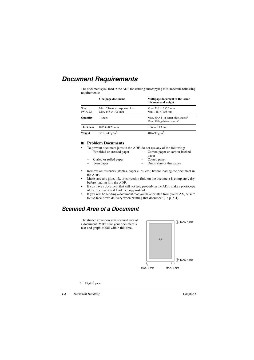 Canon L290, L240 manual Document Requirements, Scanned Area of a Document, Problem Documents 