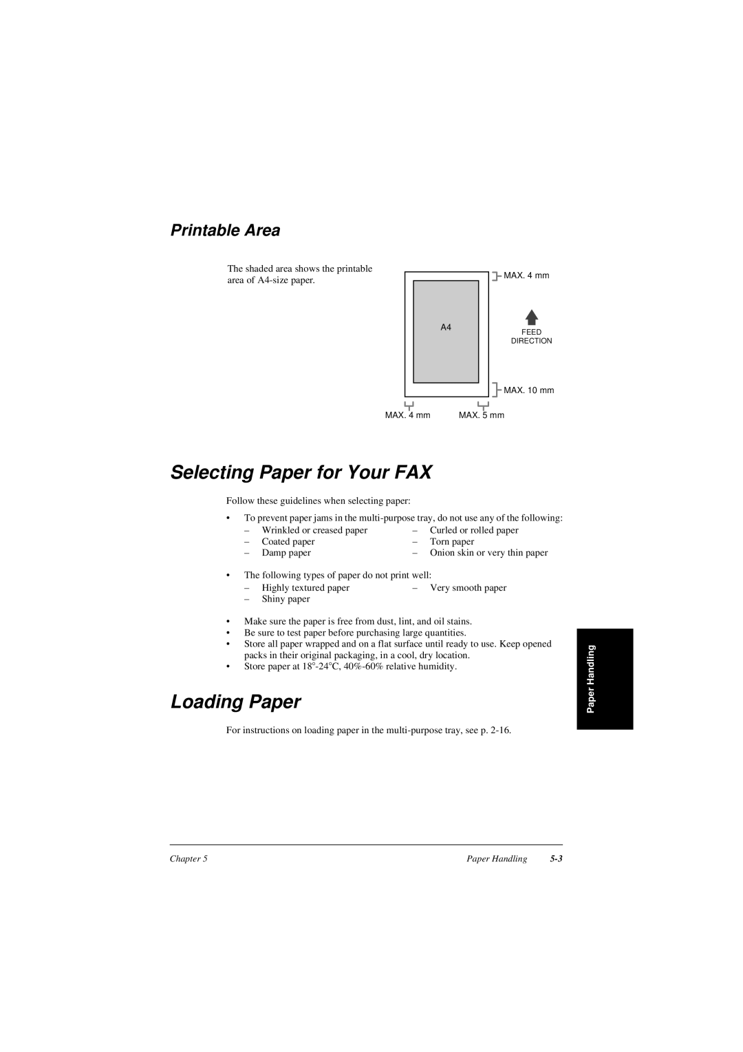 Canon L240, L290 manual Selecting Paper for Your FAX, Printable Area, Loading Paper, Onion skin or very thin paper 