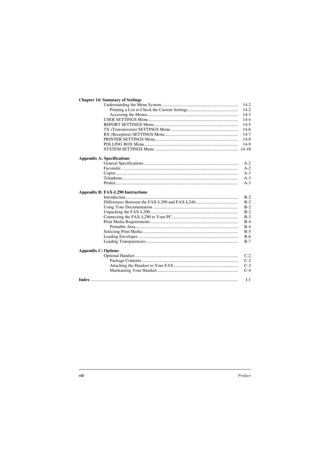 Canon L240 Summary of Settings, Appendix A Specifications, Appendix B FAX-L290 Instructions, Appendix C Options, Index 