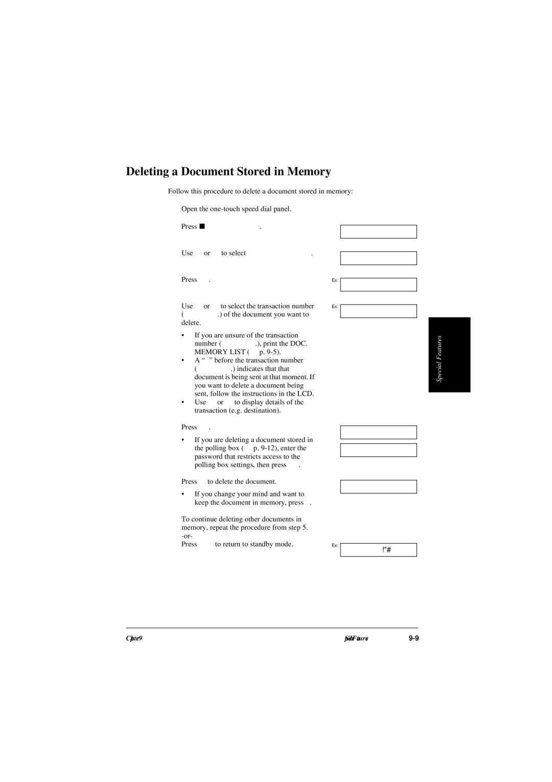 Canon L240, L290 manual Deleting a Document Stored in Memory, Indicates that that 