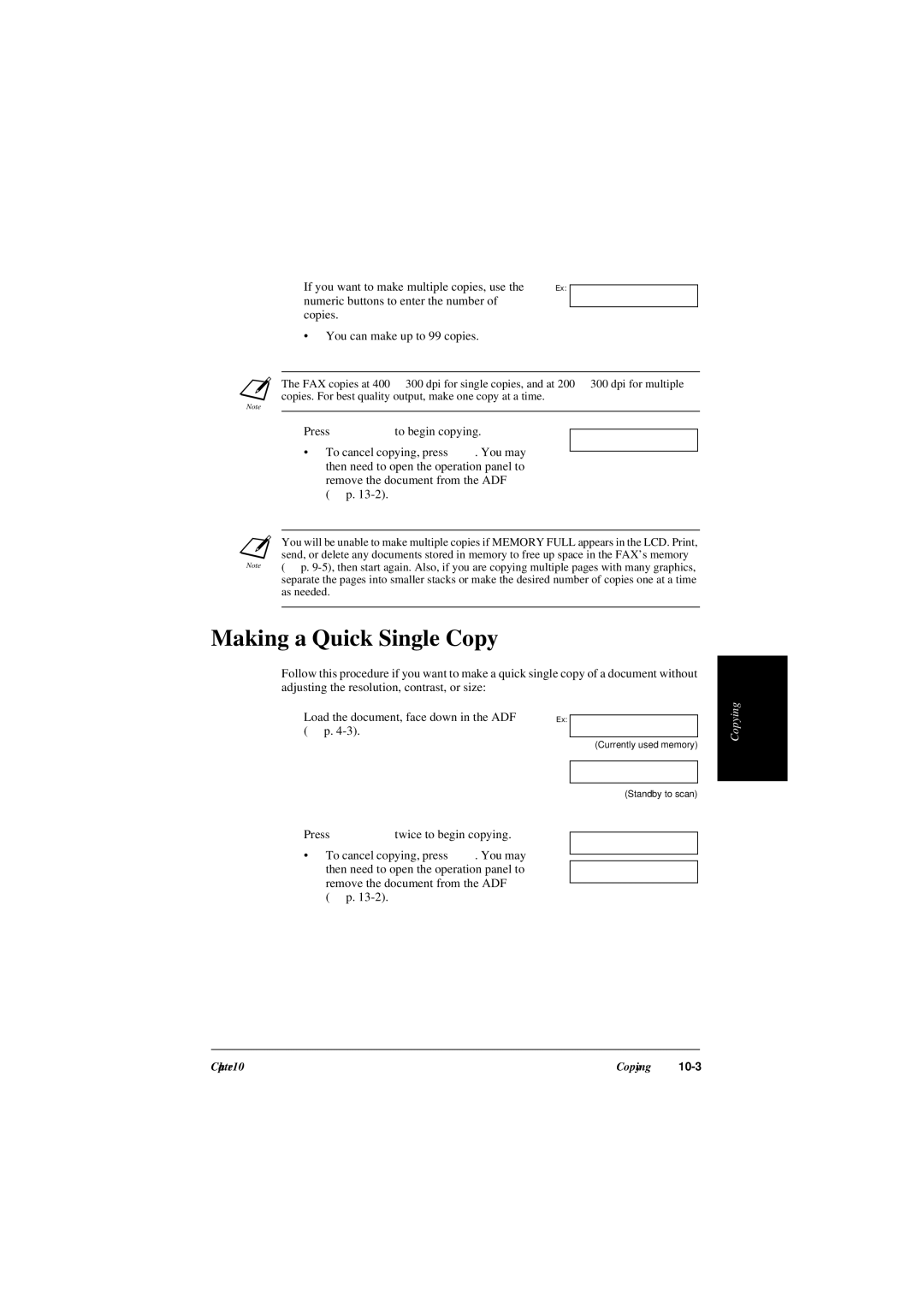 Canon L240, L290 Making a Quick Single Copy, Press Start/Copy to begin copying, Press Start/Copy twice to begin copying 