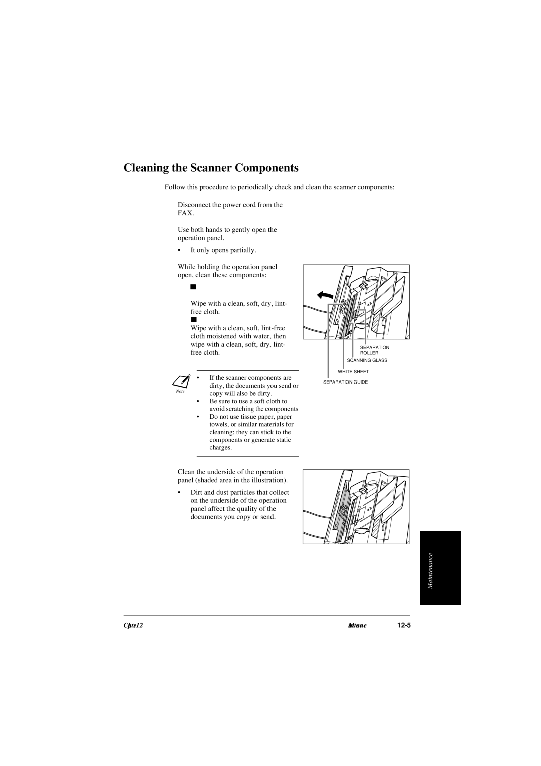 Canon L240, L290 Cleaning the Scanner Components, Separation guide and separation Roller, White sheet and scanning glass 