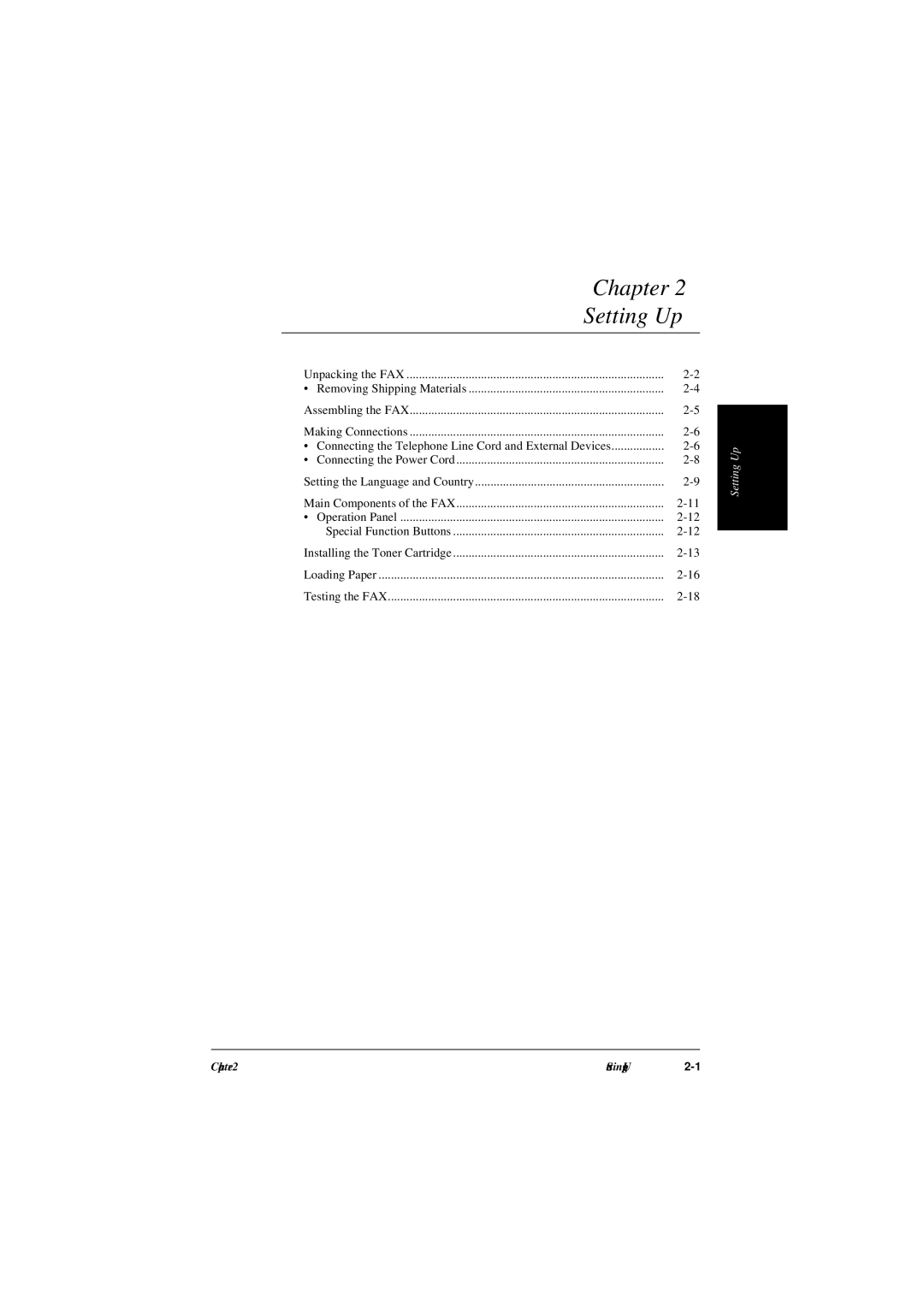 Canon L240, L290 manual Chapter Setting Up, Connecting the Telephone Line Cord and External Devices 