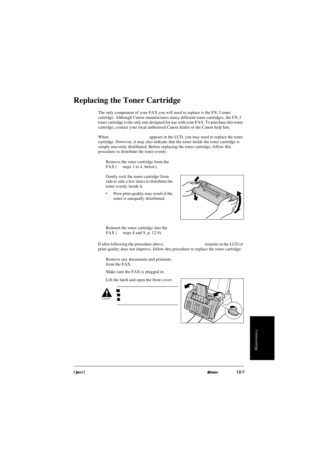 Canon L240, L290 manual Replacing the Toner Cartridge, Reinsert the toner cartridge into the FAX steps 8 and 9, p 