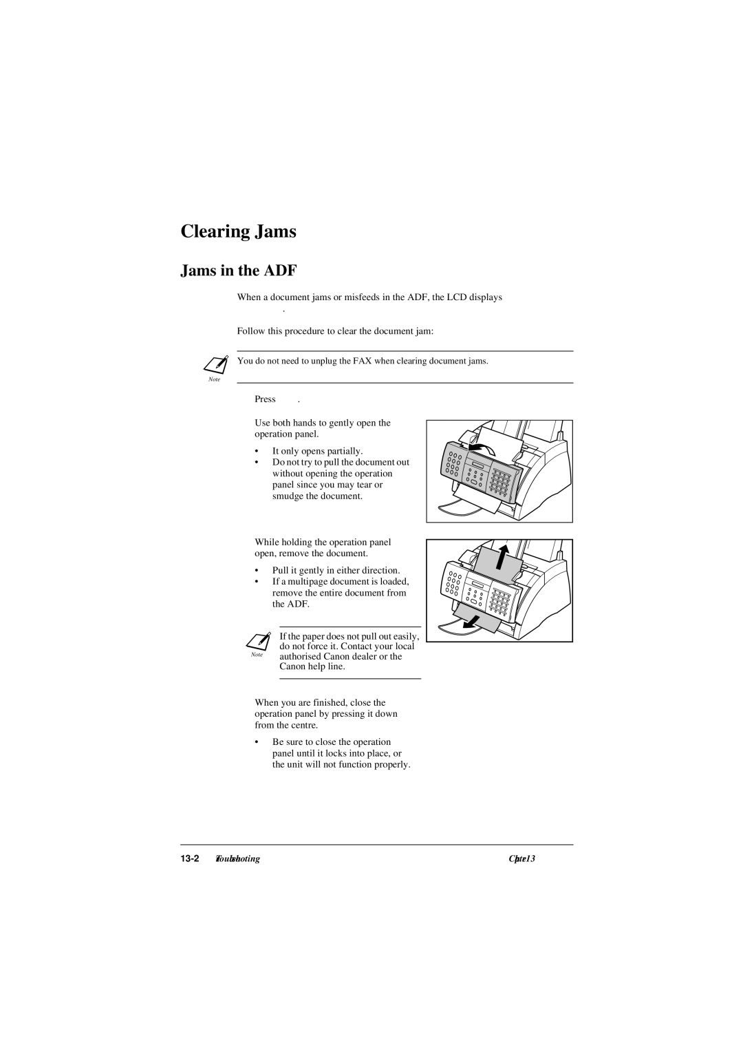 Canon L290, L240 manual Clearing Jams, Jams in the ADF, Follow this procedure to clear the document jam 