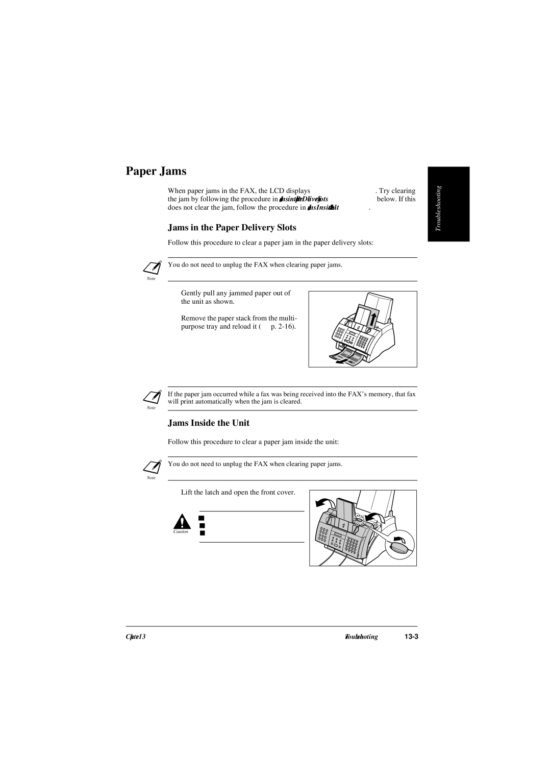 Canon L240, L290 manual Paper Jams, Gently pull any jammed paper out of the unit as shown 