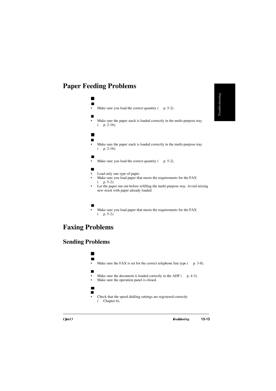 Canon L240, L290 manual Paper Feeding Problems, Faxing Problems, Sending Problems 