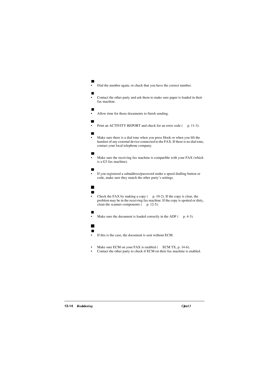 Canon L290, L240 manual Faxes sent from the FAX are spotted or dirty, Cannot send using Error Correction Mode ECM 