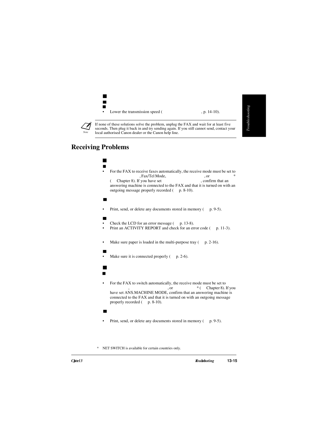 Canon L240, L290 manual Receiving Problems, Errors occur frequently while sending, Cannot receive a fax automatically 