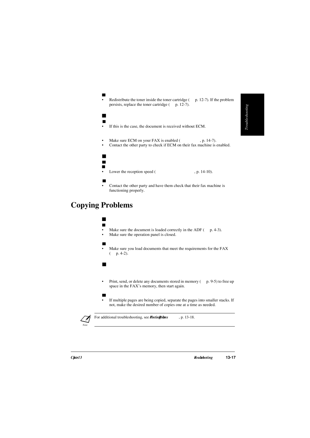 Canon L240, L290 Copying Problems, Cannot receive using Error Correction Mode ECM, Errors occur frequently while receiving 