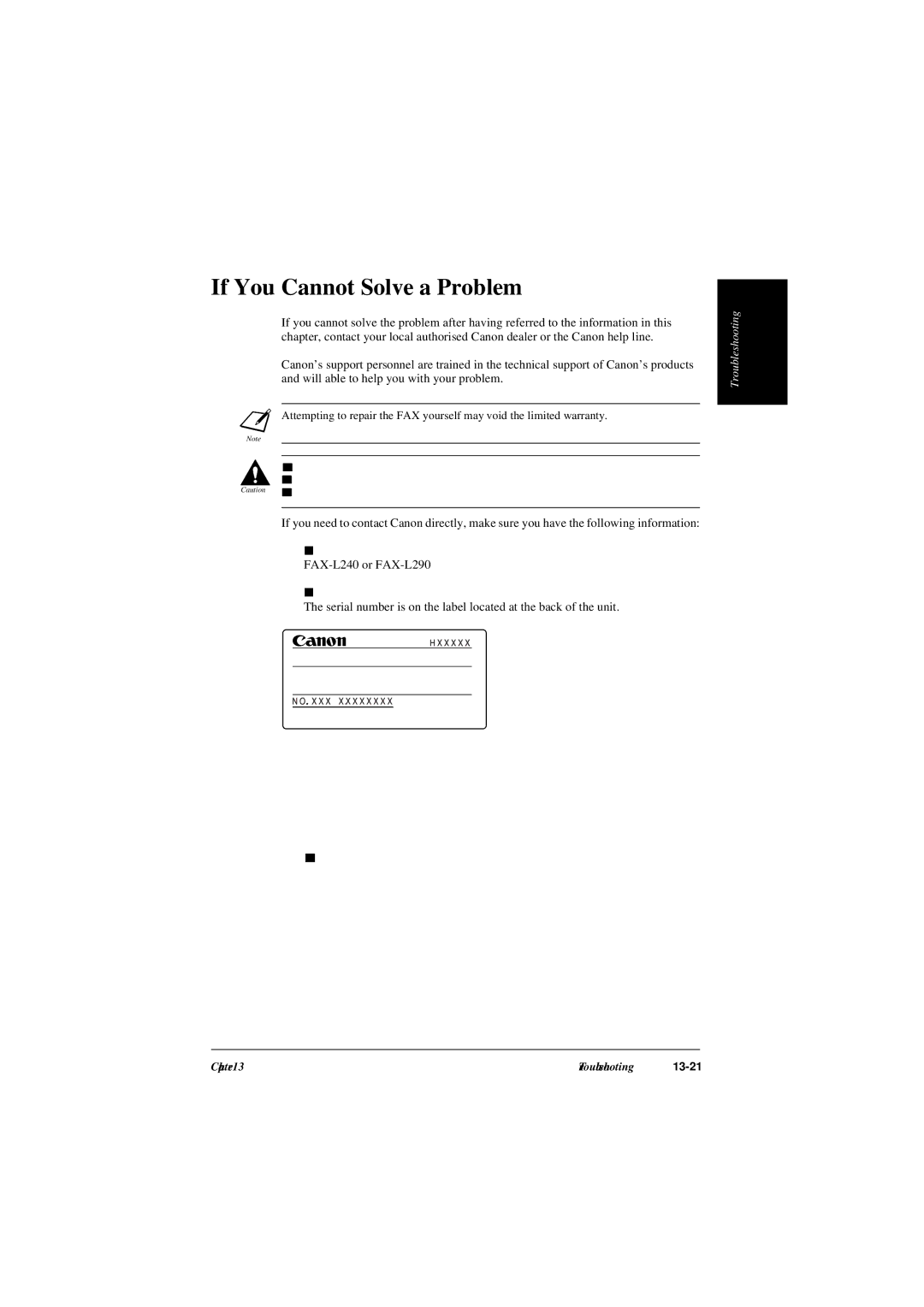 Canon L240, L290 manual If You Cannot Solve a Problem, Serial number 