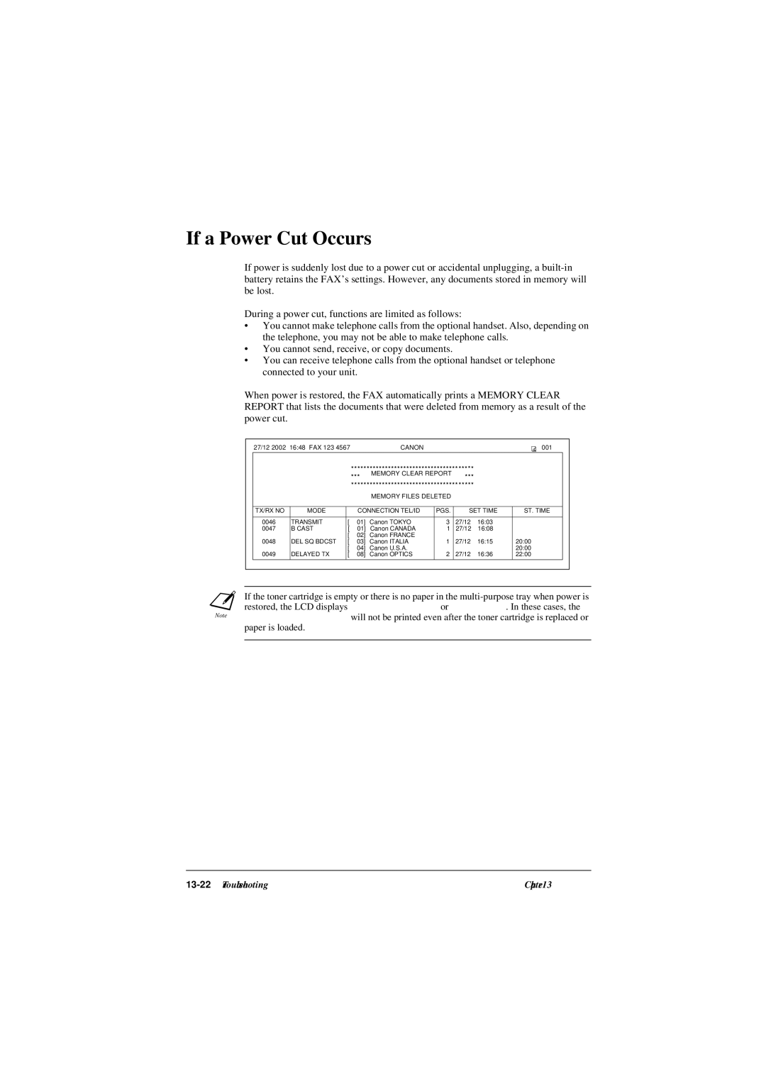 Canon L290, L240 manual If a Power Cut Occurs, Memory Files Deleted 