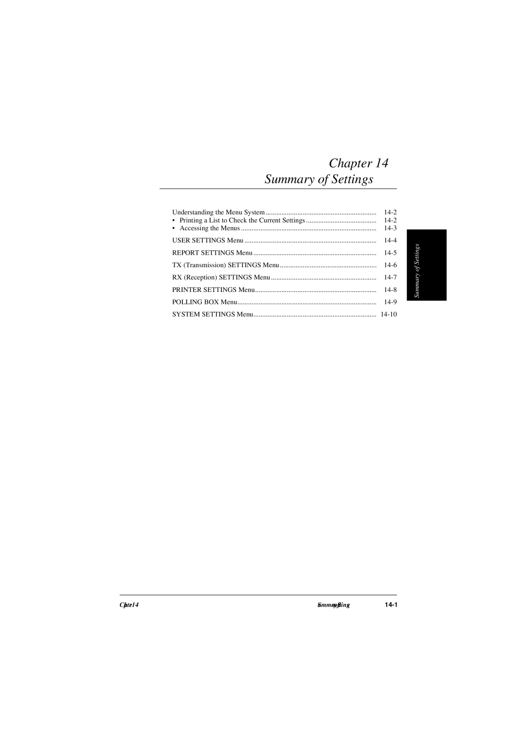 Canon L240, L290 manual Chapter Summary of Settings, 14-2 