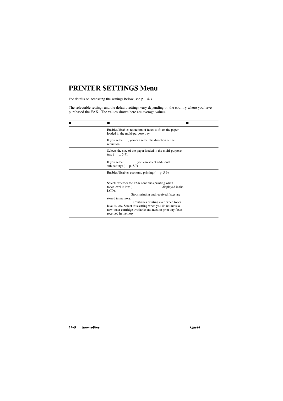 Canon L290, L240 manual Printer Settings Menu, SettingRXREDUCTION 