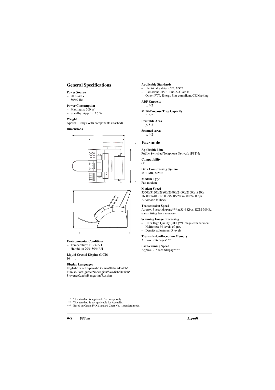 Canon L290, L240 manual General Specifications, Facsimile 