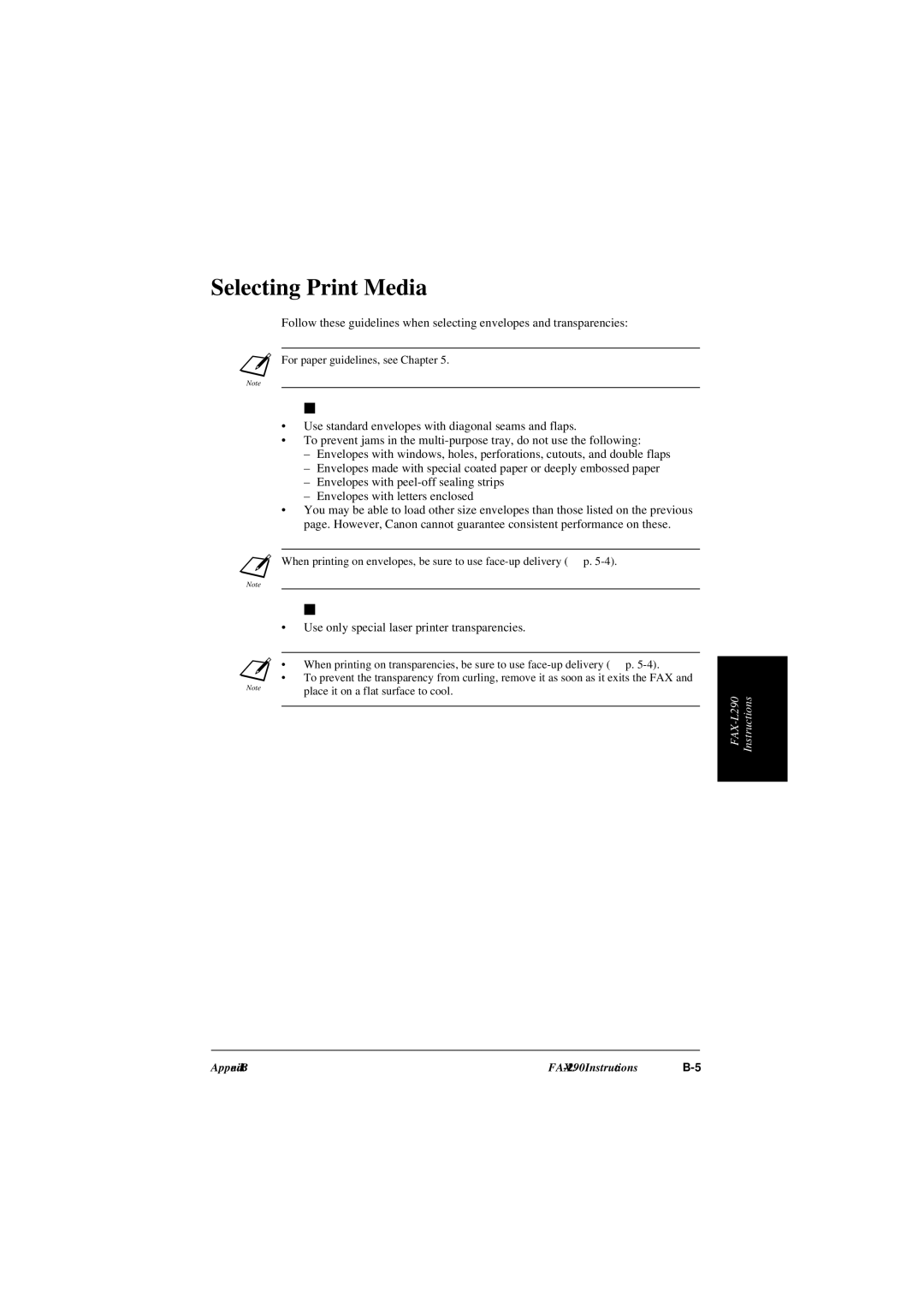 Canon L240, L290 manual Selecting Print Media, Envelopes, Transparencies, Use only special laser printer transparencies 
