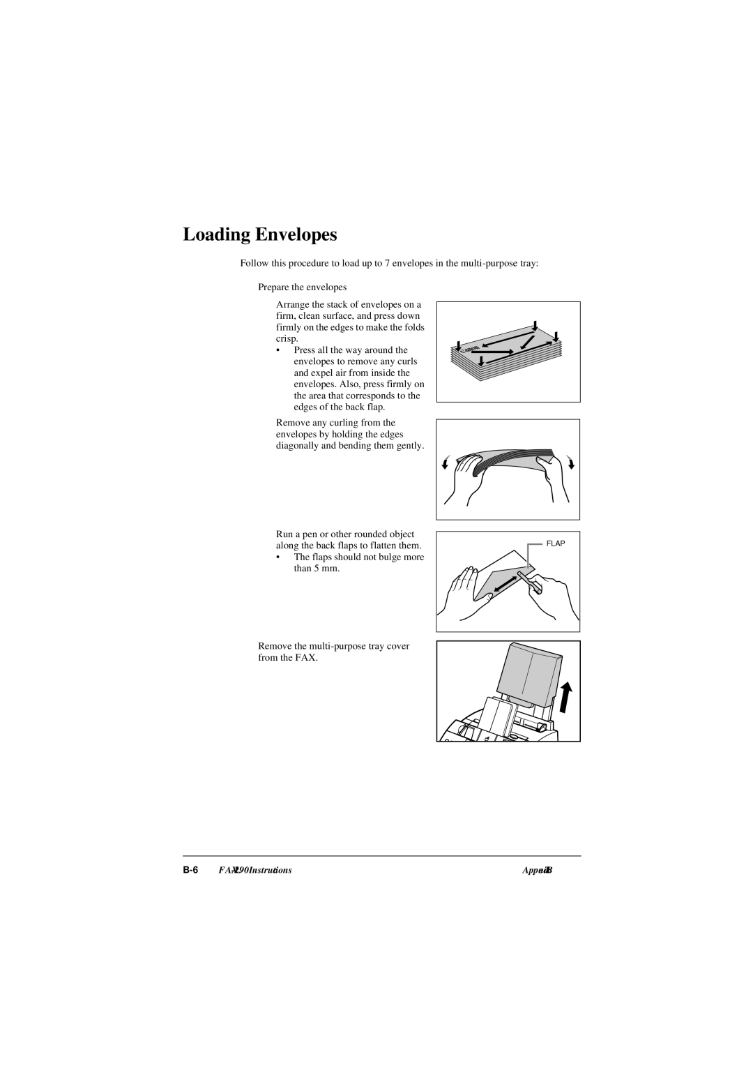 Canon L290, L240 manual Loading Envelopes, Flaps should not bulge more than 5 mm 