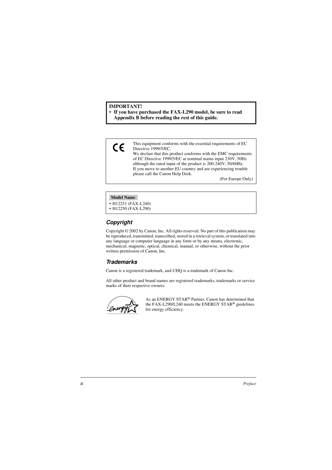 Canon manual Model Name, H12251 FAX-L240 H12250 FAX-L290 