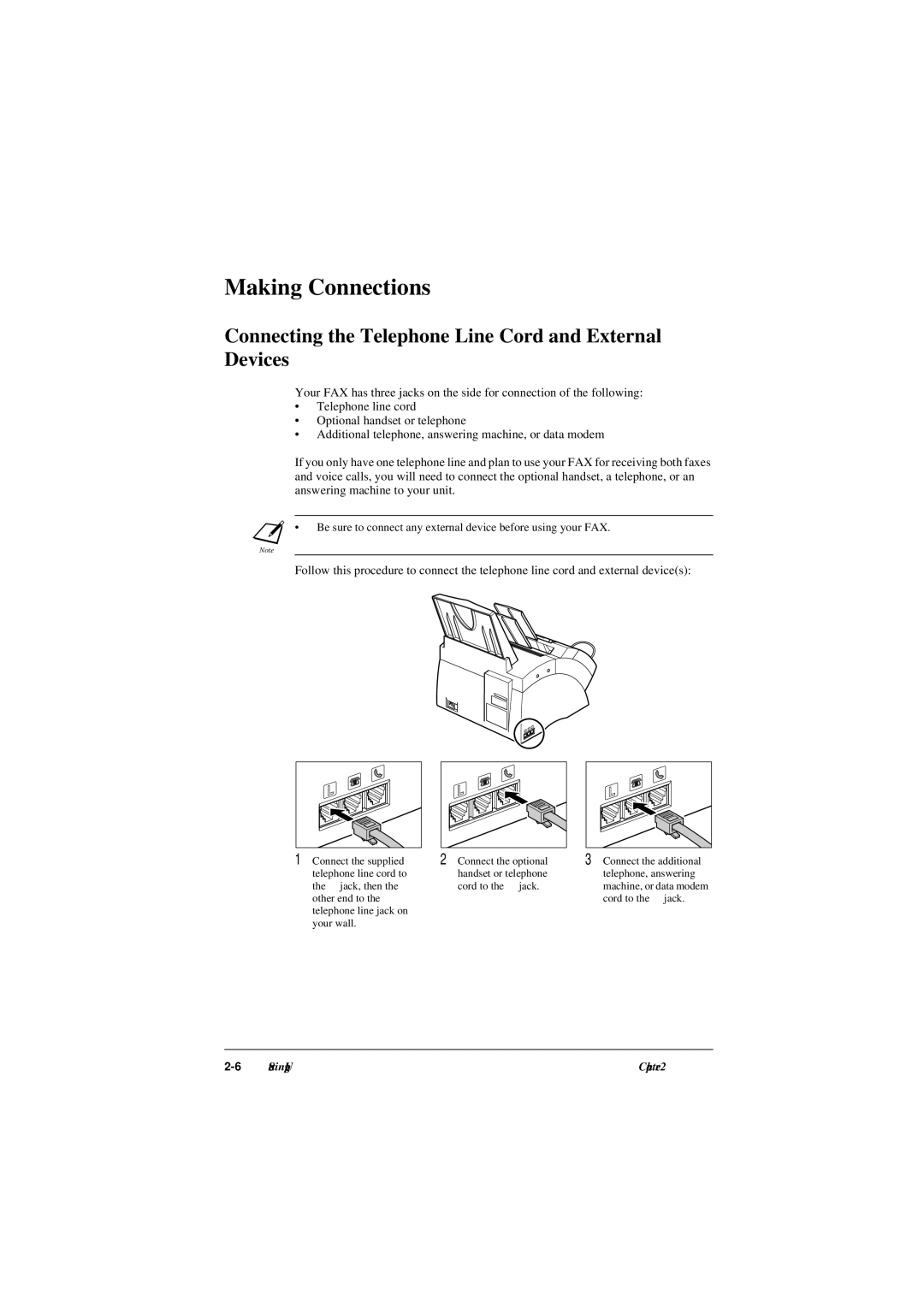 Canon L290, L240 manual Making Connections, Connecting the Telephone Line Cord and External Devices 