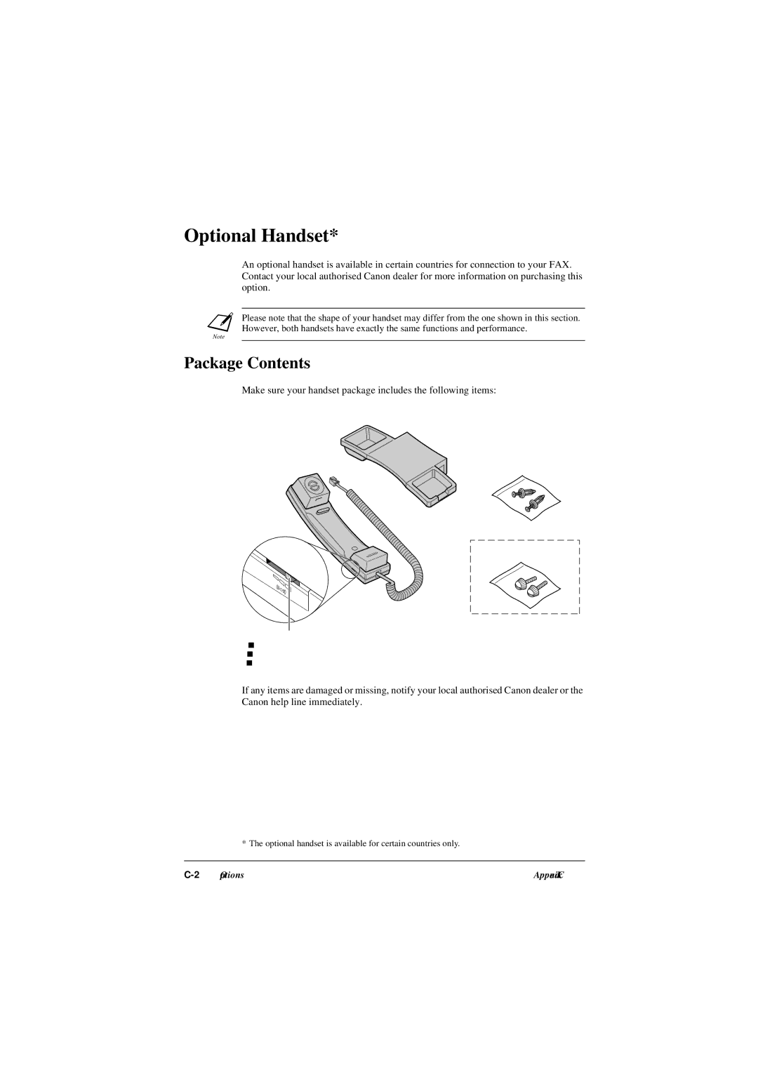 Canon L290, L240 manual Optional Handset, Package Contents 