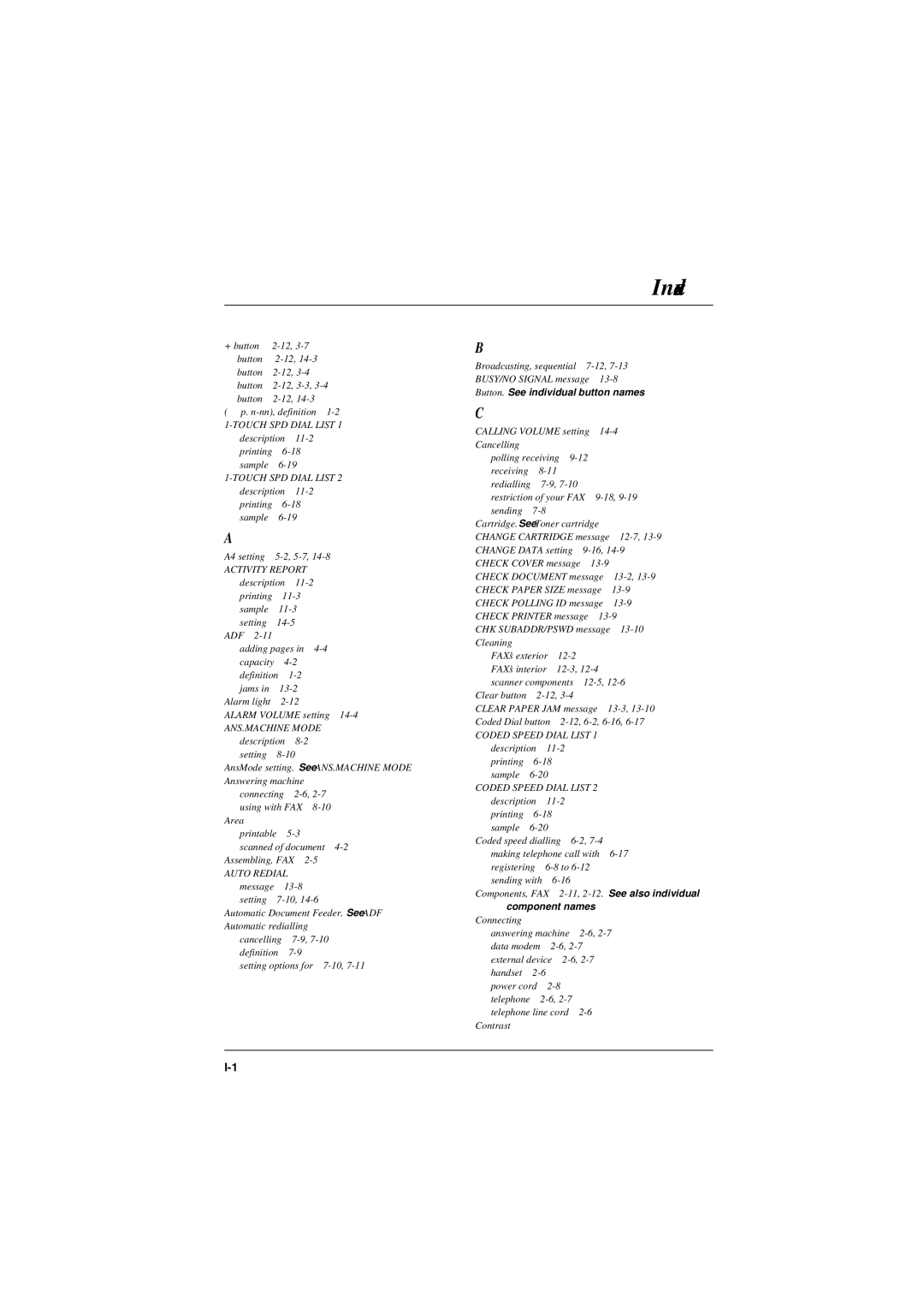 Canon L240, L290 manual Index, ANS.MACHINE Mode 