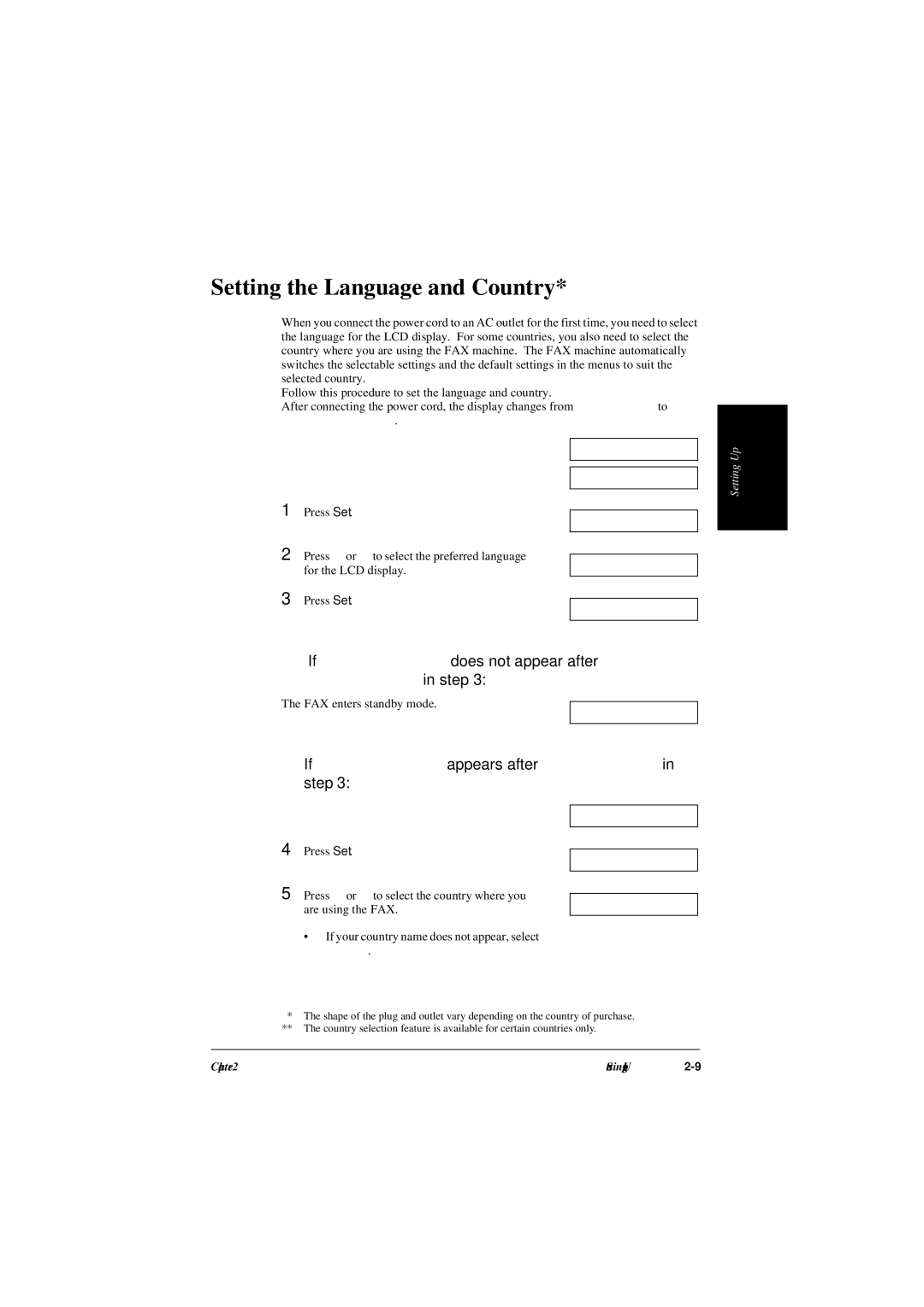 Canon L240, L290 manual Setting the Language and Country, Step, FAX enters standby mode 