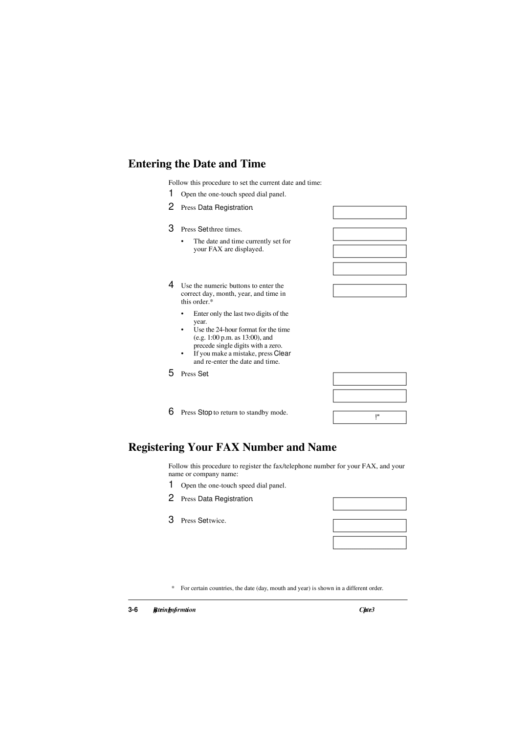 Canon L290 Entering the Date and Time, Registering Your FAX Number and Name, Press Data Registration, Press Set twice 