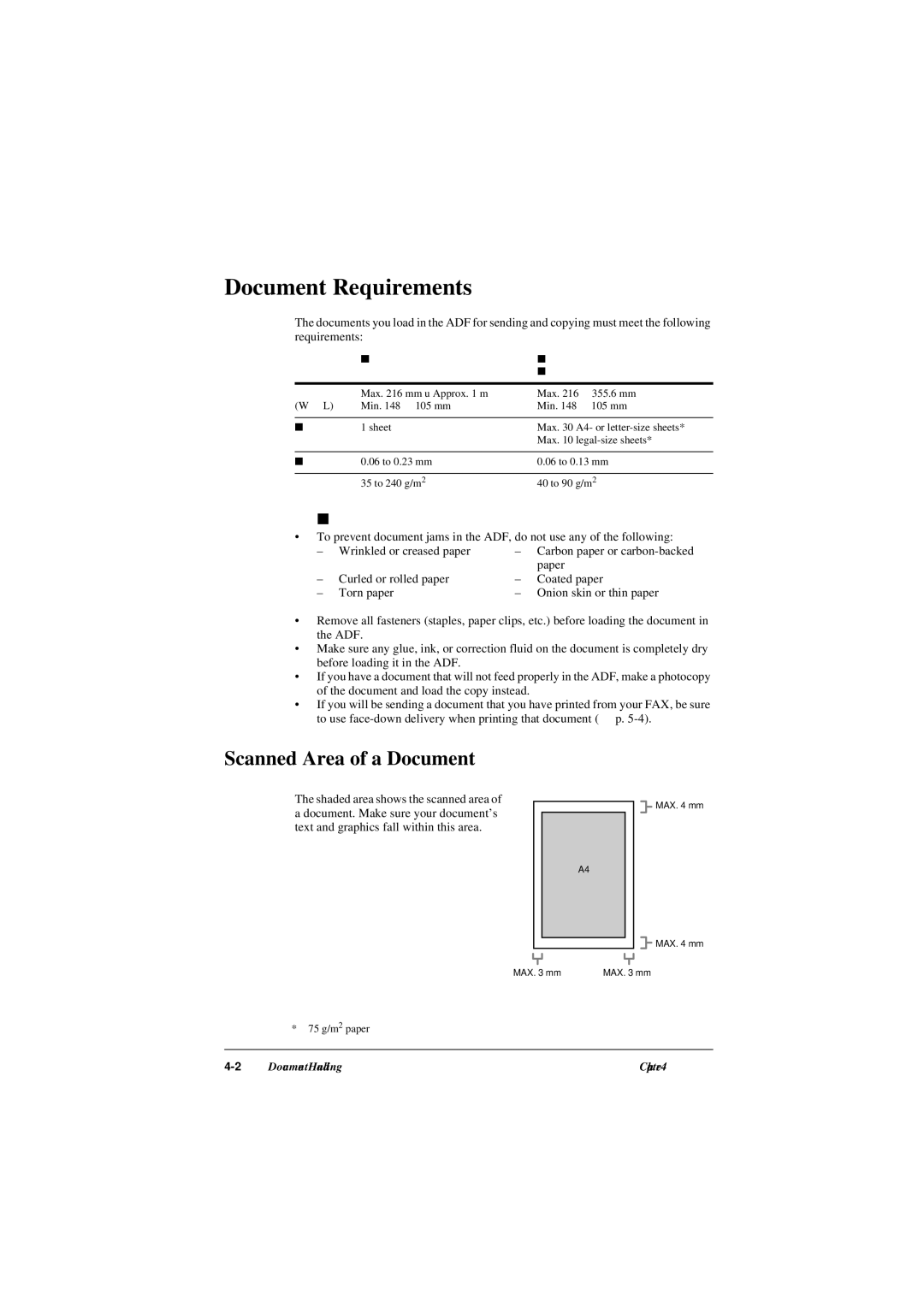 Canon L290, L240 manual Document Requirements, Scanned Area of a Document, Problem Documents 