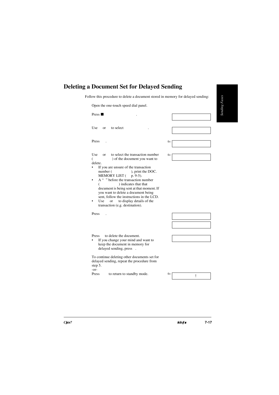 Canon L240, L290 manual Deleting a Document Set for Delayed Sending, Press Set Use or to select the transaction number 