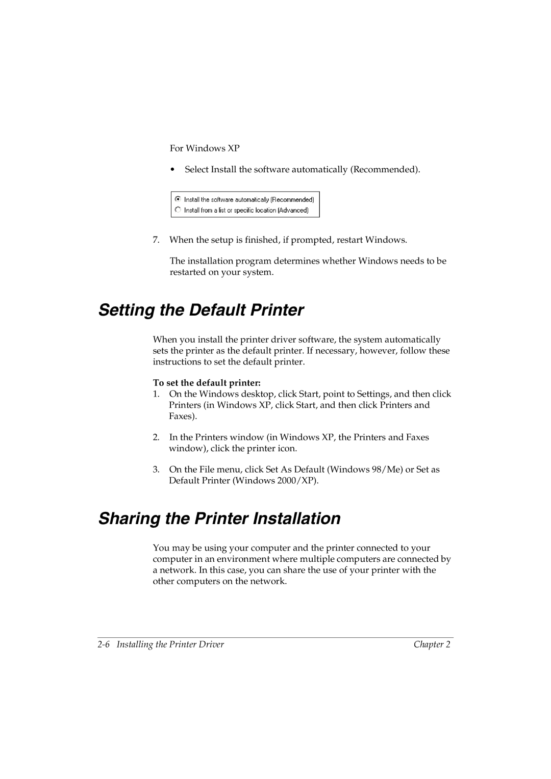 Canon L290 manual Setting the Default Printer, Sharing the Printer Installation, To set the default printer 