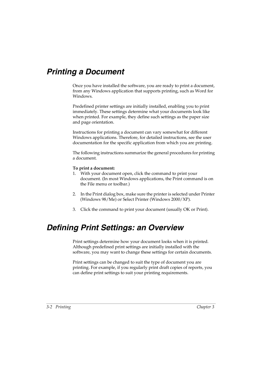 Canon L290 manual Printing a Document, Defining Print Settings an Overview, To print a document 