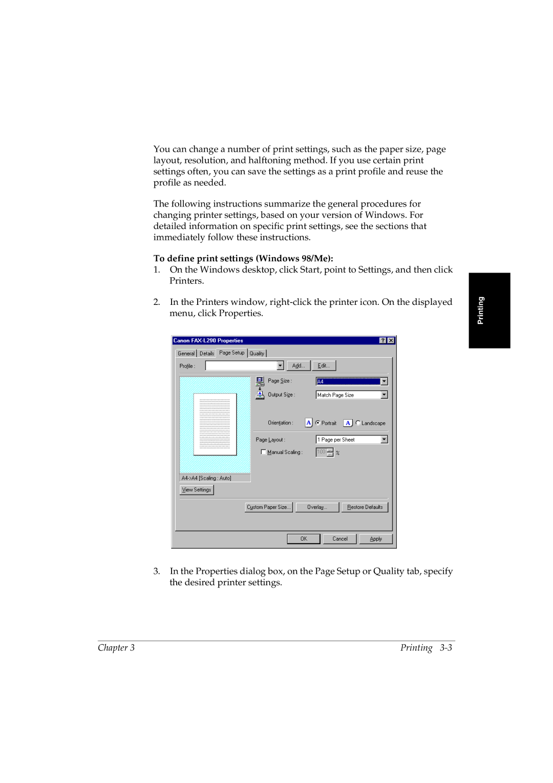 Canon L290 manual To define print settings Windows 98/Me 