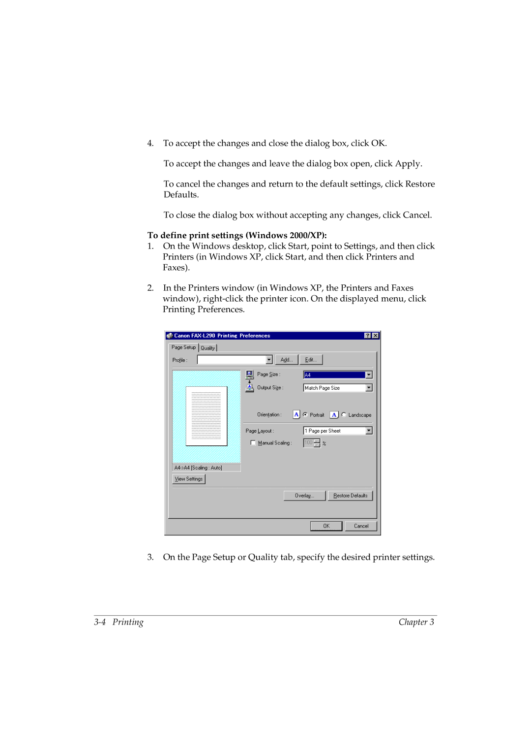 Canon L290 manual To define print settings Windows 2000/XP 