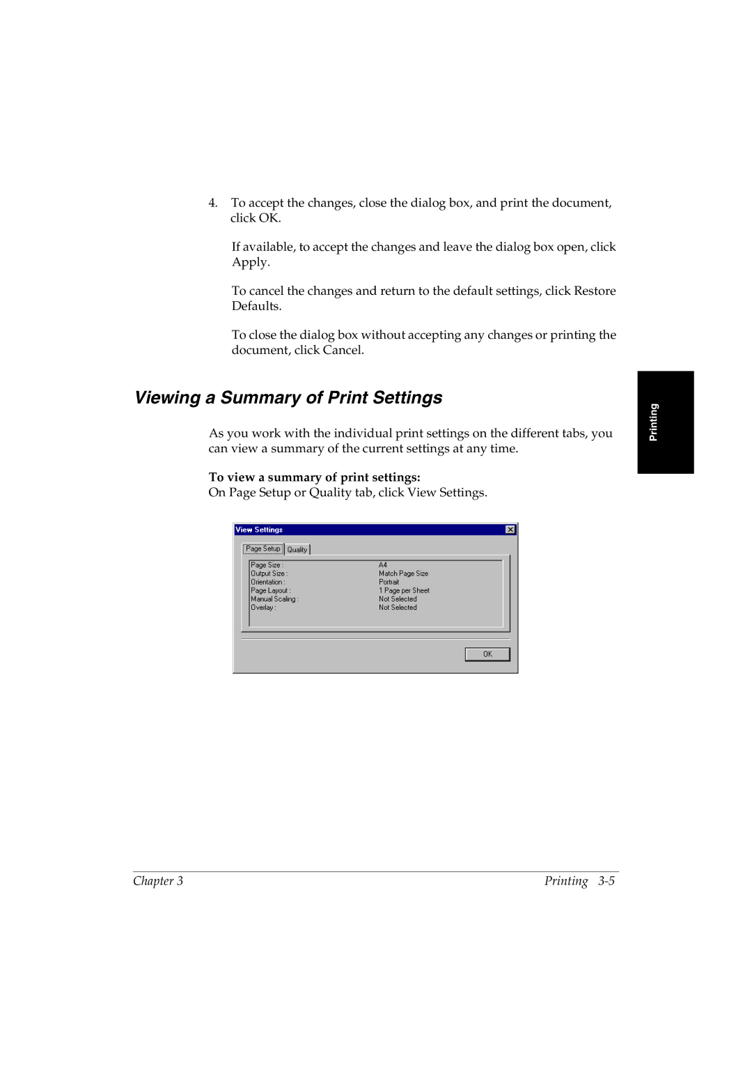 Canon L290 manual Viewing a Summary of Print Settings, To view a summary of print settings 