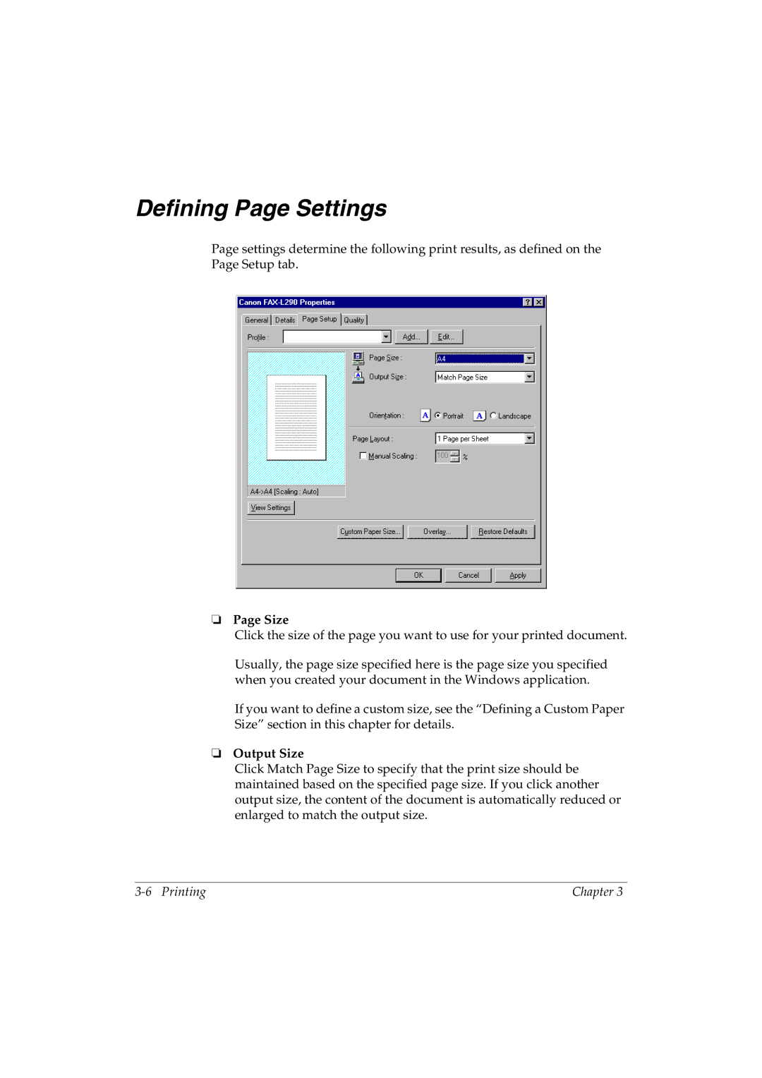 Canon L290 manual Defining Page Settings, Output Size 