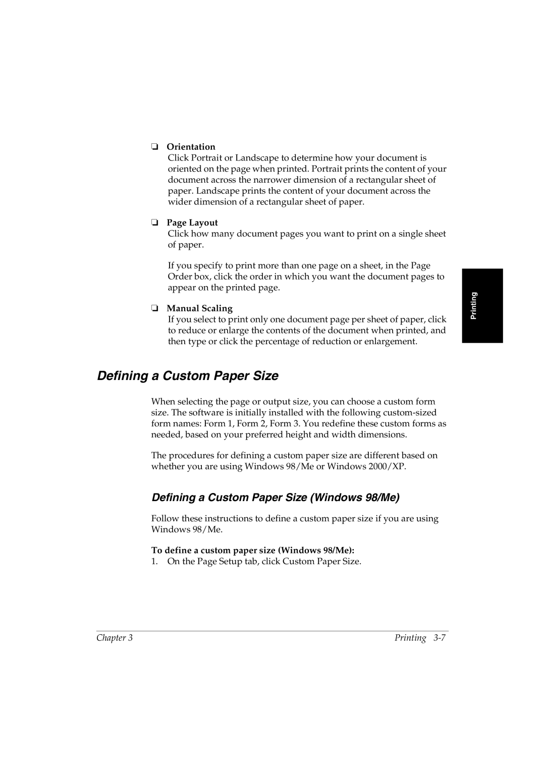 Canon L290 Defining a Custom Paper Size, Orientation, Layout, Manual Scaling, To define a custom paper size Windows 98/Me 