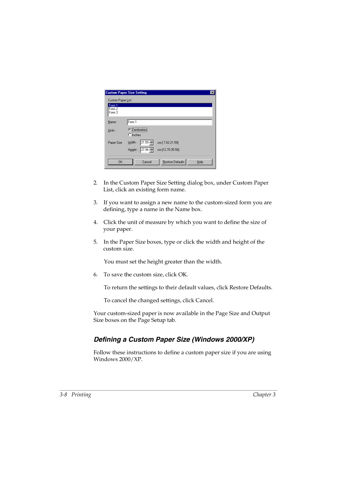 Canon L290 manual Defining a Custom Paper Size Windows 2000/XP 