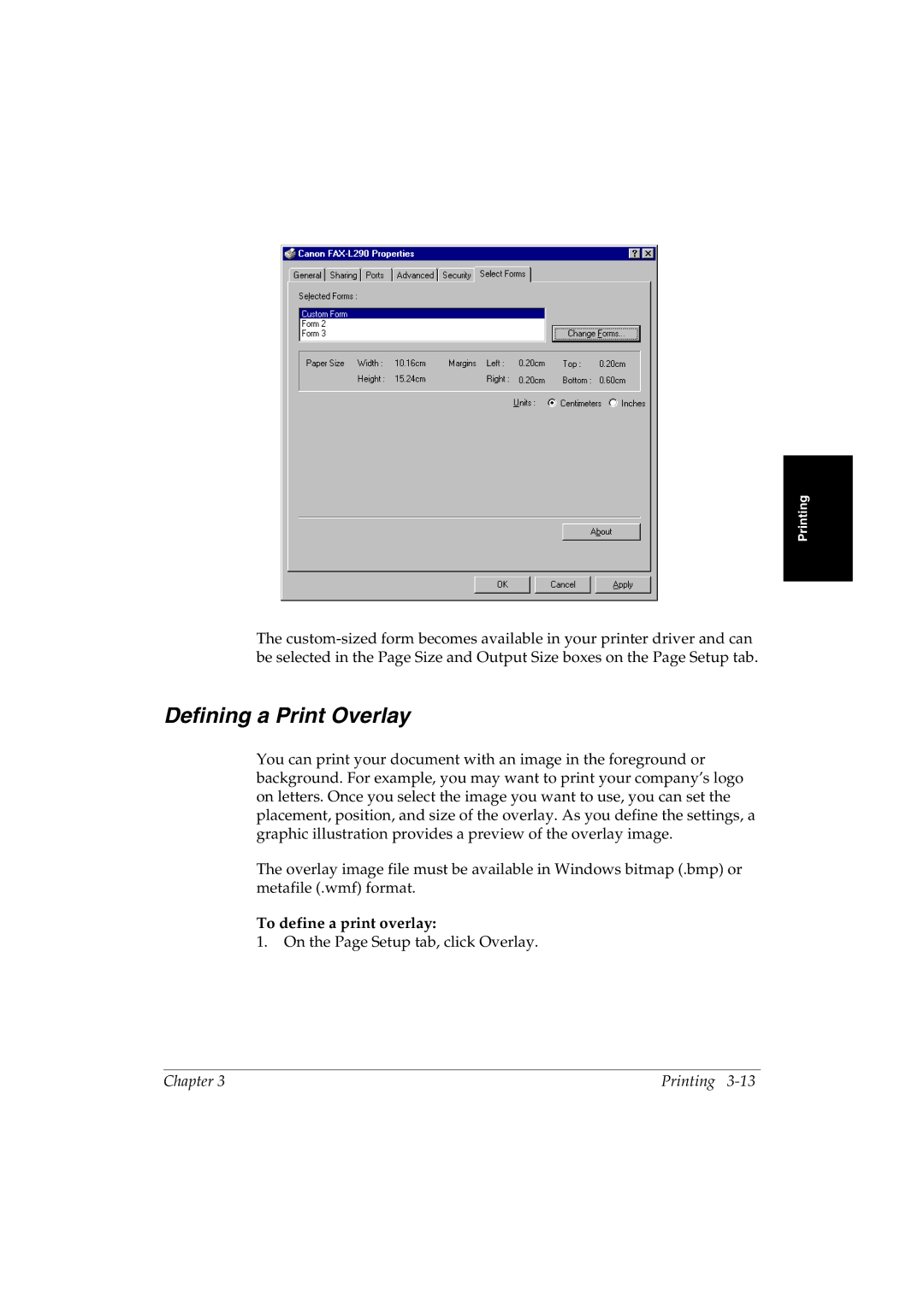 Canon L290 manual Defining a Print Overlay, To define a print overlay 