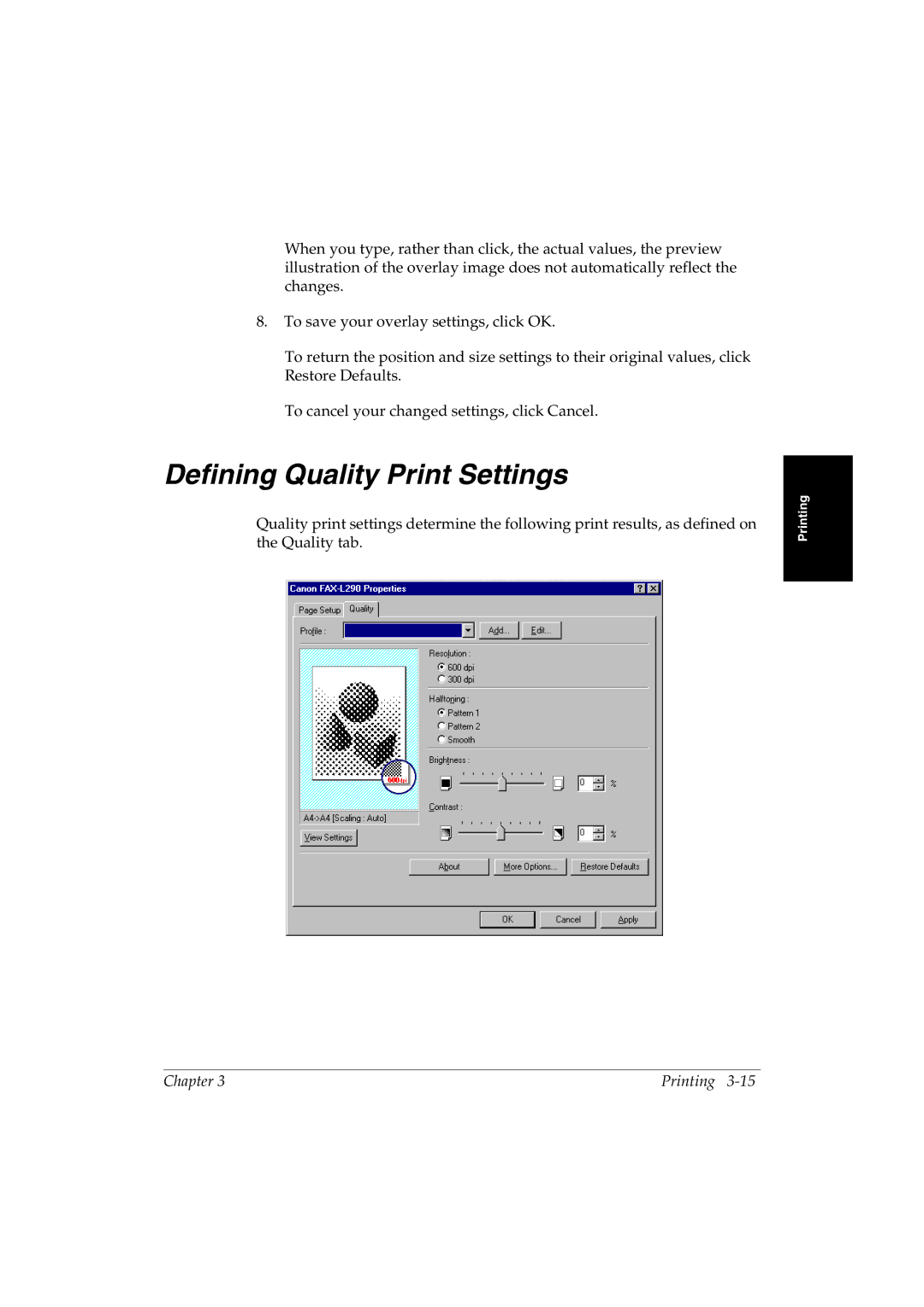 Canon L290 manual Defining Quality Print Settings 