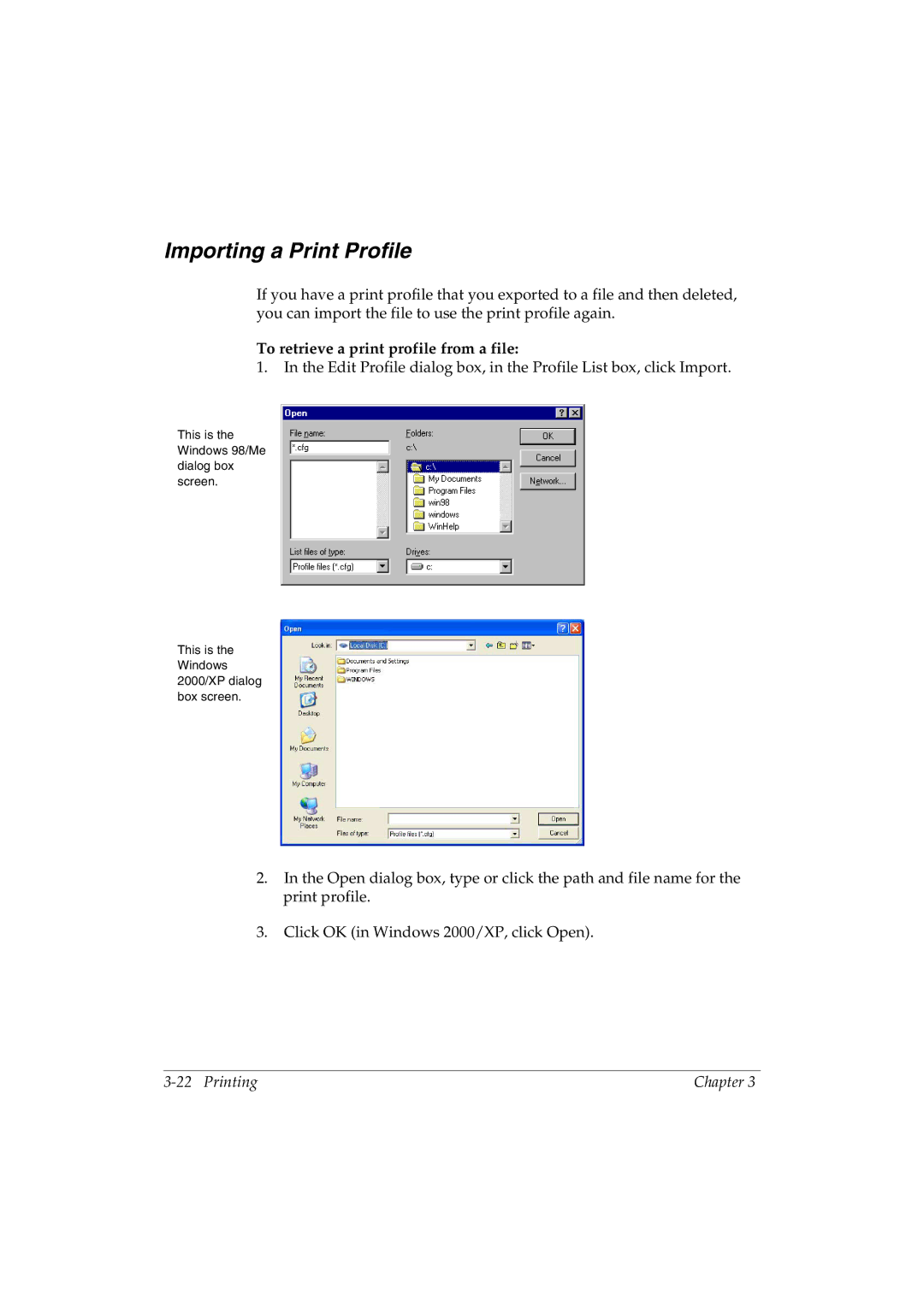 Canon L290 manual Importing a Print Profile, To retrieve a print profile from a file 